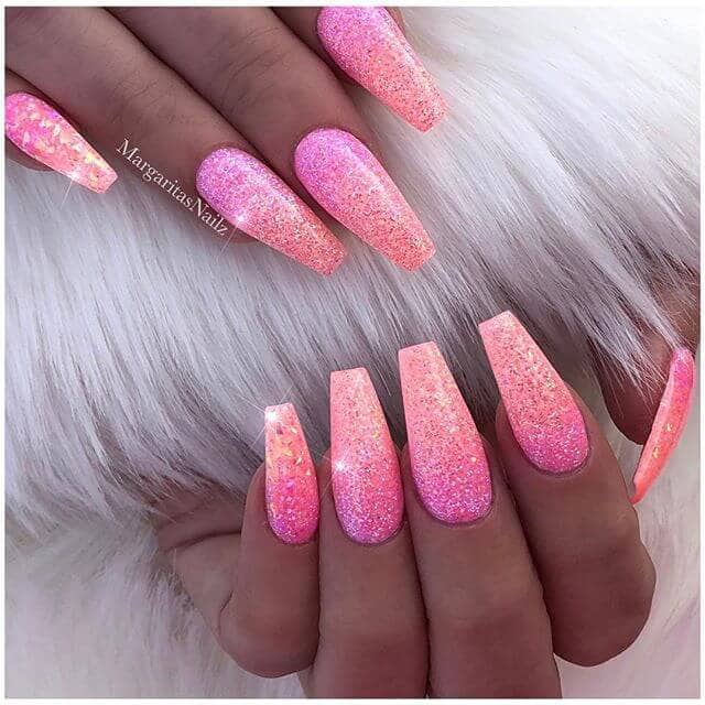 Ultra Glitter Pink And Orange Ombre Nails